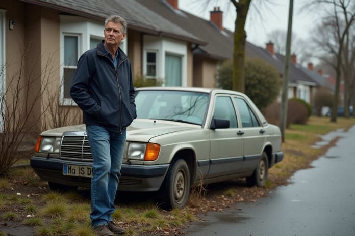 Homme d age devant une voiture abandonnée et poussiereuse