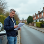 Homme d'âge moyen examine un document à côté de sa voiture