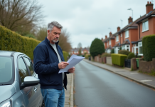 Rouler sans carte grise : conséquences et sanctions à connaître ! Homme d'âge moyen examine un document à côté de sa voiture