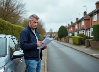 Homme d'âge moyen examine un document à côté de sa voiture