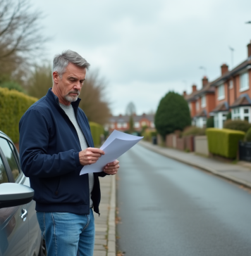 Homme d'âge moyen examine un document à côté de sa voiture