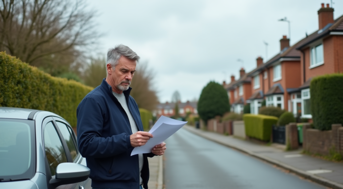 Homme d'âge moyen examine un document à côté de sa voiture