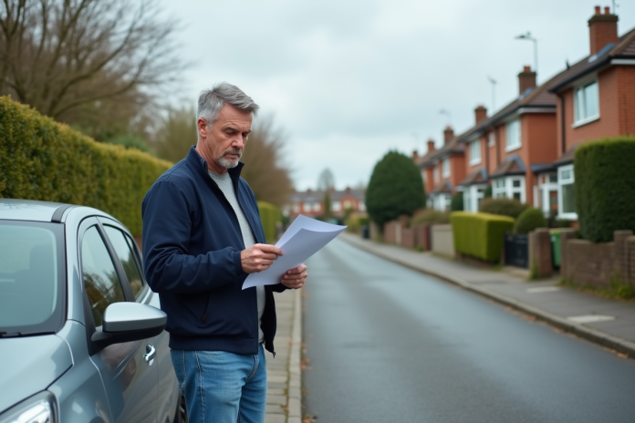 homme-voiture-document-stress Homme d'âge moyen examine un document à côté de sa voiture