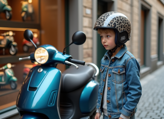 Jeune garçon en veste en denim et casque avec moto 50cc en ville
