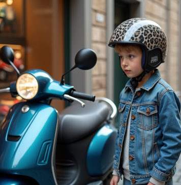 Jeune garçon en veste en denim et casque avec moto 50cc en ville
