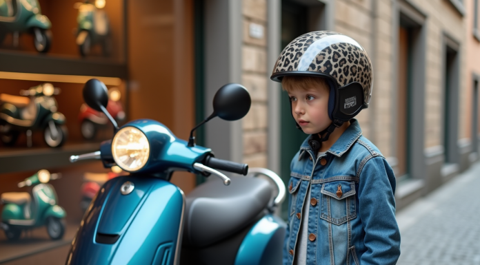 Pourquoi le tarif d’une motocyclette 50 cm³ varie-t-il autant ? Jeune garçon en veste en denim et casque avec moto 50cc en ville