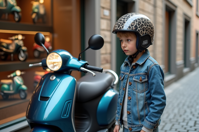 jeune-ado-moto-50cc-urbaine Jeune garçon en veste en denim et casque avec moto 50cc en ville