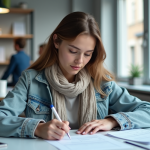 Coût du permis de conduire en France : tarifs et frais à prévoir Jeune femme remplissant un formulaire dans une école de conduite moderne