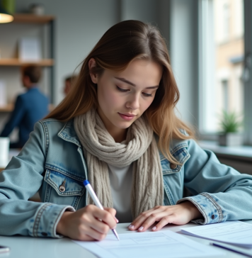 Coût du permis de conduire en France : tarifs et frais à prévoir Jeune femme remplissant un formulaire dans une école de conduite moderne