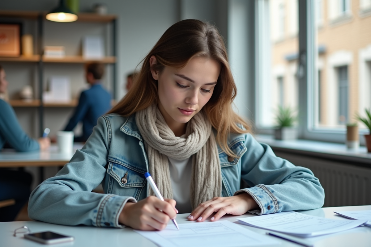 Jeune femme remplissant un formulaire dans une école de conduite moderne
