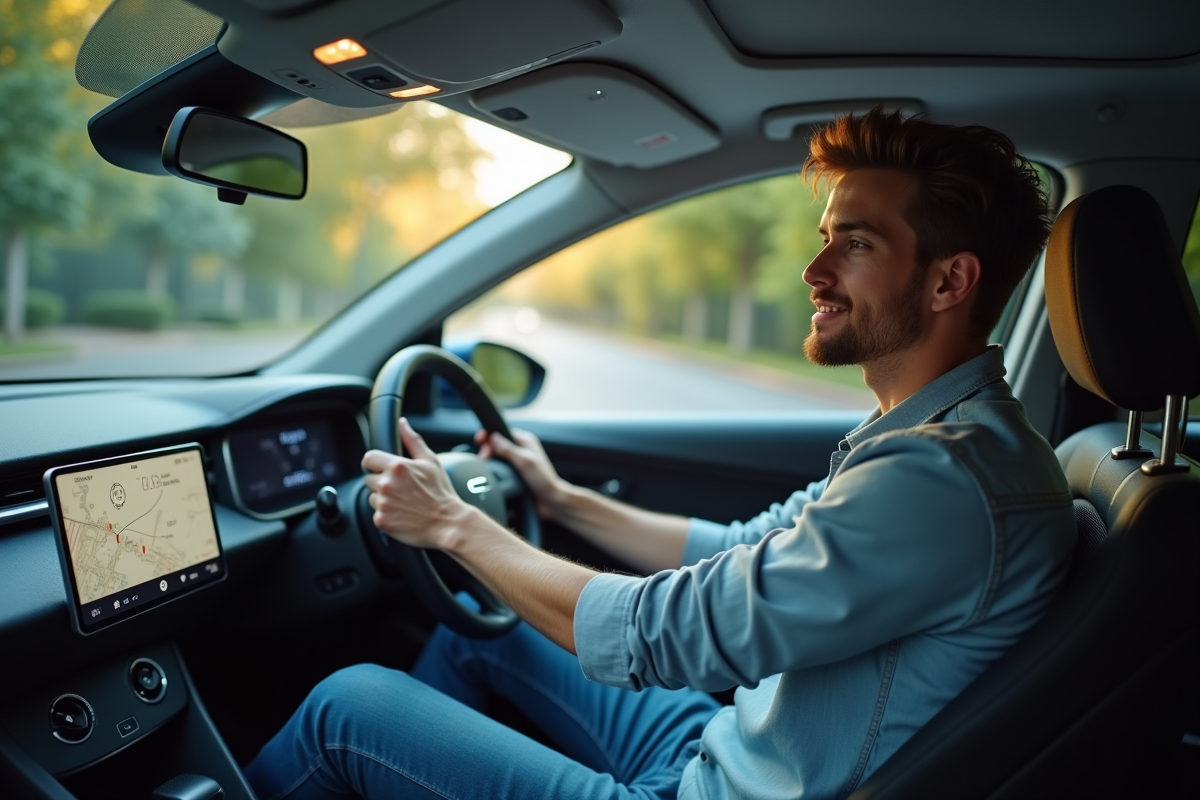 Jeune homme dans l habitacle d une voiture hybride
