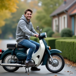 Les avantages d’opter pour un Dax 50cc d’occasion Jeune homme souriant à moto Dax 50cc dans la rue