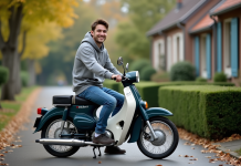 Les avantages d’opter pour un Dax 50cc d’occasion Jeune homme souriant à moto Dax 50cc dans la rue