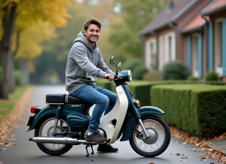Jeune homme souriant à moto Dax 50cc dans la rue