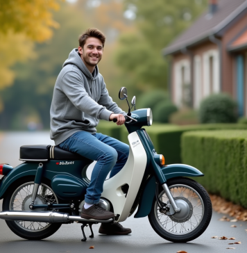 Jeune homme souriant à moto Dax 50cc dans la rue