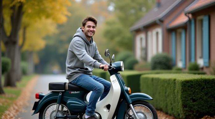 Les avantages d’opter pour un Dax 50cc d’occasion Jeune homme souriant à moto Dax 50cc dans la rue