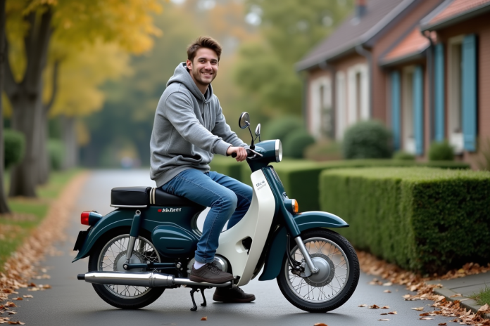 Jeune homme souriant à moto Dax 50cc dans la rue