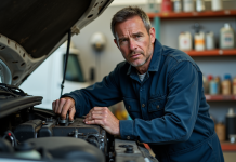 Détecter encrassement moteur diesel : signes et solutions efficaces ! Mécanicien homme examinant un moteur diesel dans un atelier