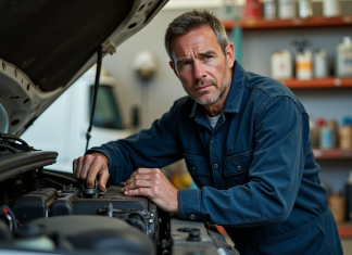 Détecter encrassement moteur diesel : signes et solutions efficaces ! Mécanicien homme examinant un moteur diesel dans un atelier