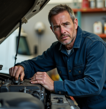 Détecter encrassement moteur diesel : signes et solutions efficaces ! Mécanicien homme examinant un moteur diesel dans un atelier