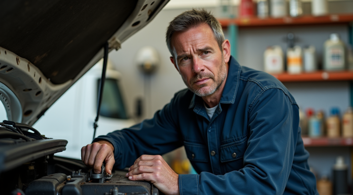 Détecter encrassement moteur diesel : signes et solutions efficaces ! Mécanicien homme examinant un moteur diesel dans un atelier