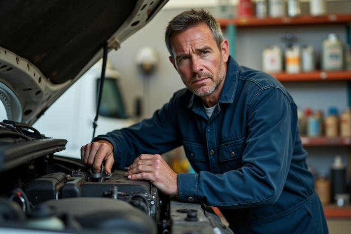 mecanicien-diesel-voiture Mécanicien homme examinant un moteur diesel dans un atelier