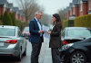 Responsabilité accident voiture : Qui paie en cas d’accident ? Un couple inquiet échange des documents d'assurance à côté de voitures endommagées