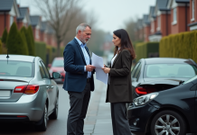 Responsabilité accident voiture : Qui paie en cas d’accident ? Un couple inquiet échange des documents d'assurance à côté de voitures endommagées