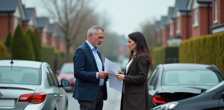 Responsabilité accident voiture : Qui paie en cas d’accident ? Un couple inquiet échange des documents d'assurance à côté de voitures endommagées