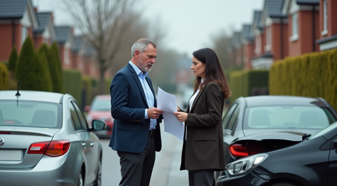 Responsabilité accident voiture : Qui paie en cas d’accident ? Un couple inquiet échange des documents d'assurance à côté de voitures endommagées