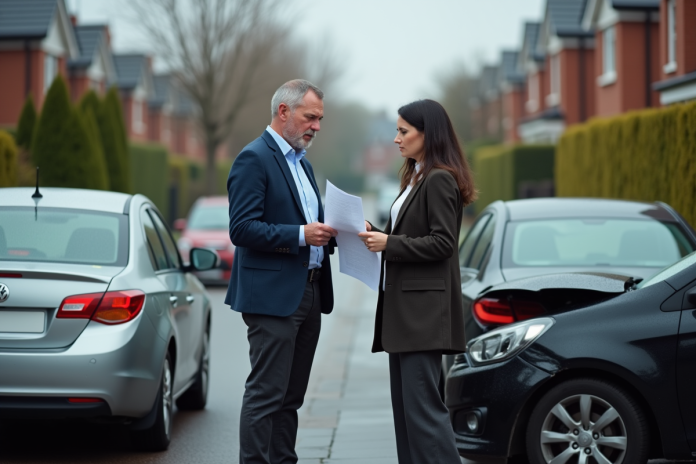 depannage-voitures-accident Un couple inquiet échange des documents d'assurance à côté de voitures endommagées