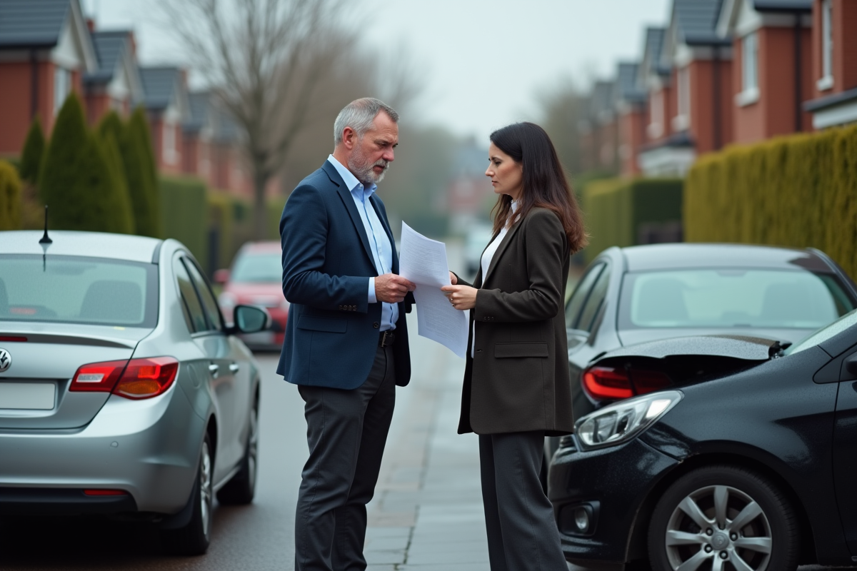 Un couple inquiet échange des documents d'assurance à côté de voitures endommagées