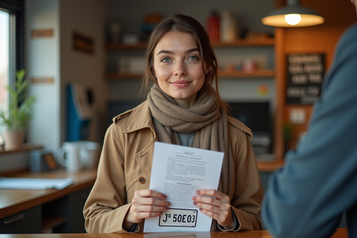 Jeune femme attendant avec papiers dans un atelier auto
