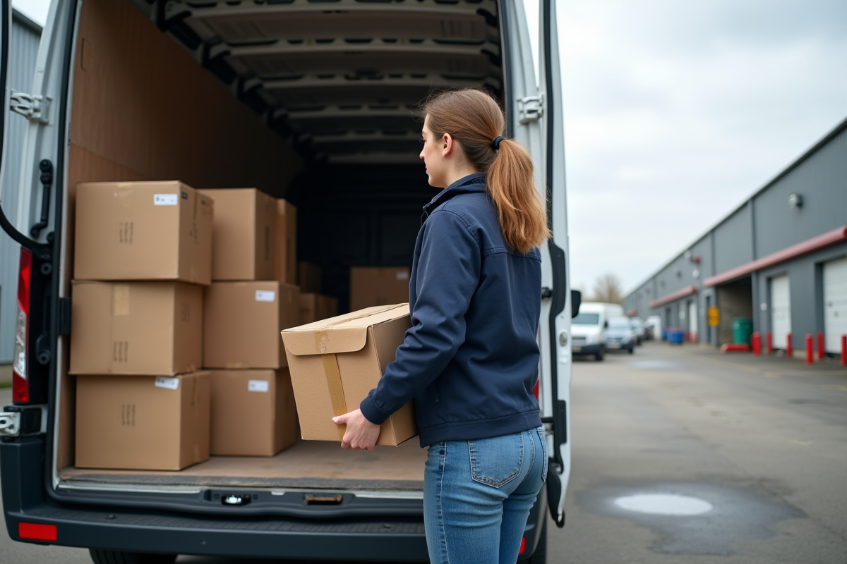 Jeune femme chargeant des cartons dans un van de livraison