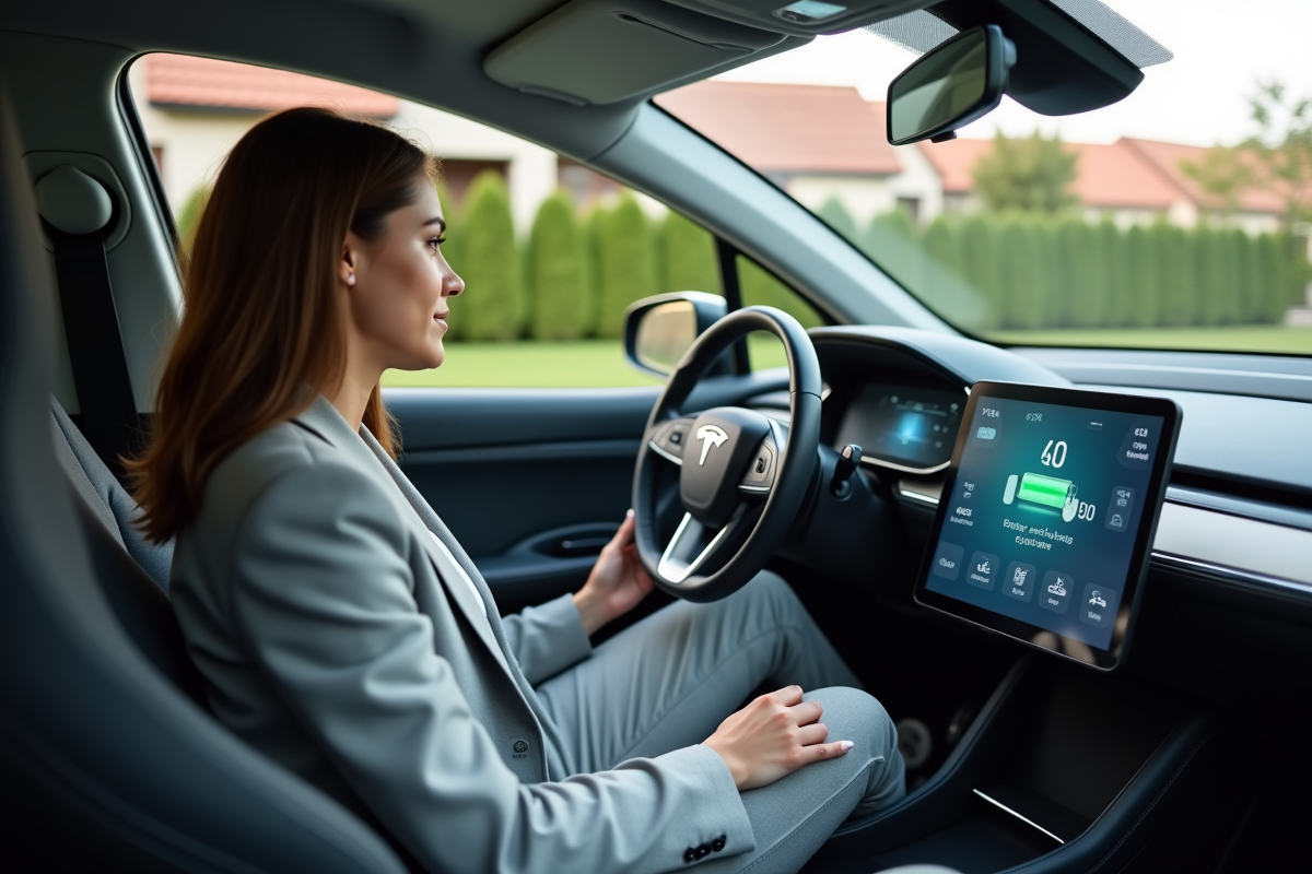 Jeune femme dans une voiture électrique regardant l
