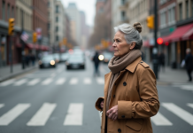 Priorité piéton : règles et conseils pour éviter les accidents de la route Femme en trench et foulard attend au passage pieton en ville