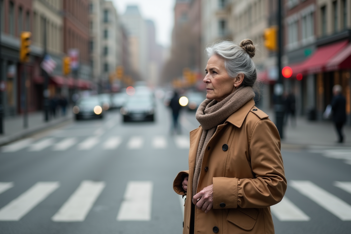Femme en trench et foulard attend au passage pieton en ville