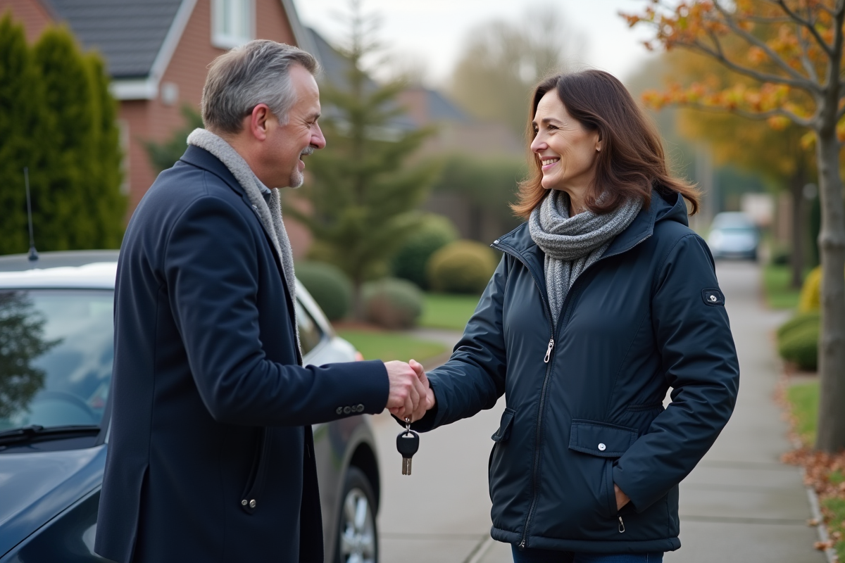 Femme remettant des clés de voiture à un homme dans la rue
