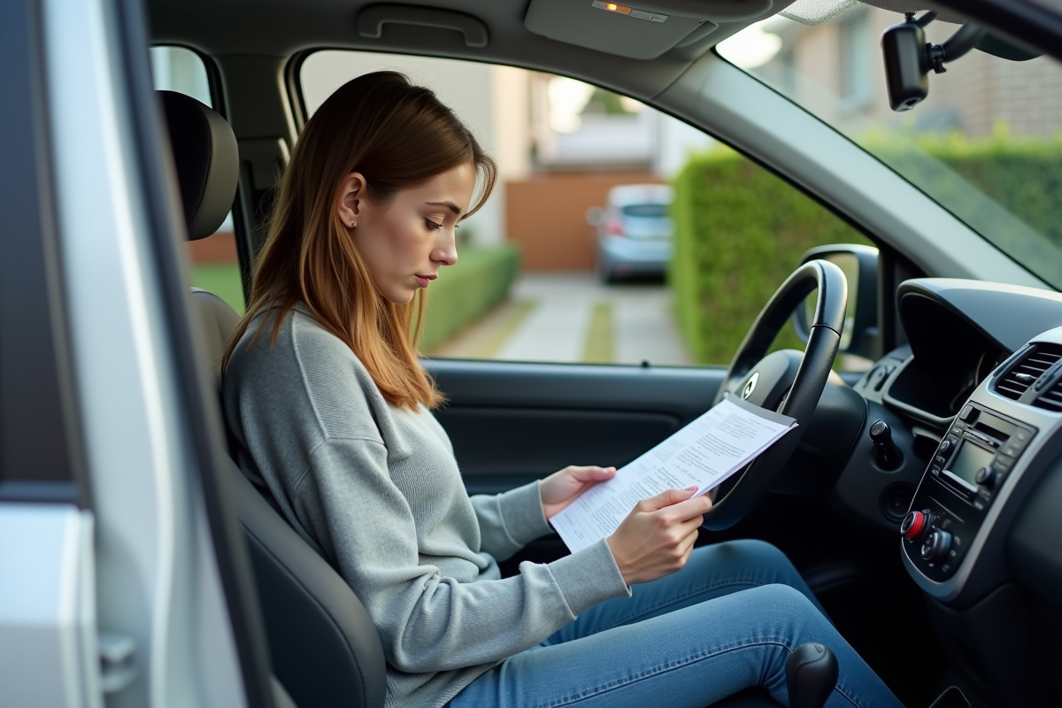 Jeune femme lisant un manuel de réparation dans une voiture Renault