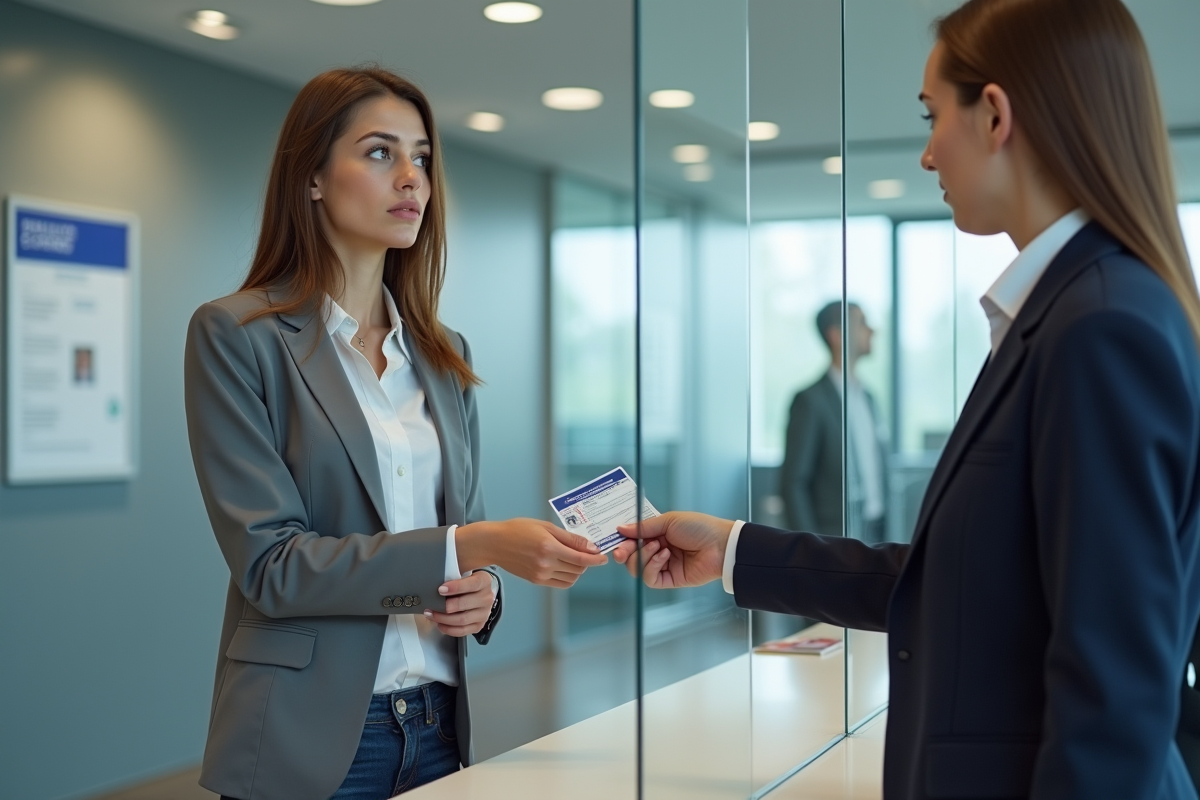 Jeune femme remettant son permis à un agent dans un bureau moderne