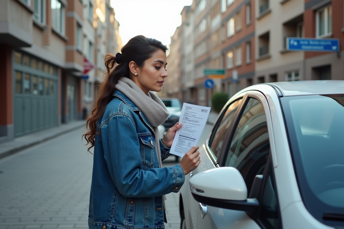 Jeune femme avec voiture en ville montrant ses papiers d