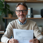 Homme d'âge moyen avec documents d'assurance auto dans un bureau