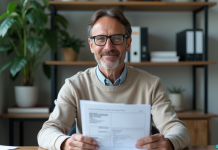 Assurance voiture : Quel document fournir pour l’assurer ? Homme d'âge moyen avec documents d'assurance auto dans un bureau