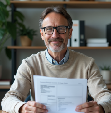 Homme d'âge moyen avec documents d'assurance auto dans un bureau