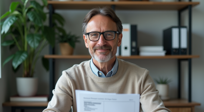 Homme d'âge moyen avec documents d'assurance auto dans un bureau