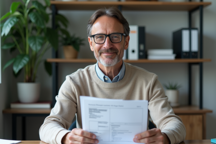 Homme d'âge moyen avec documents d'assurance auto dans un bureau