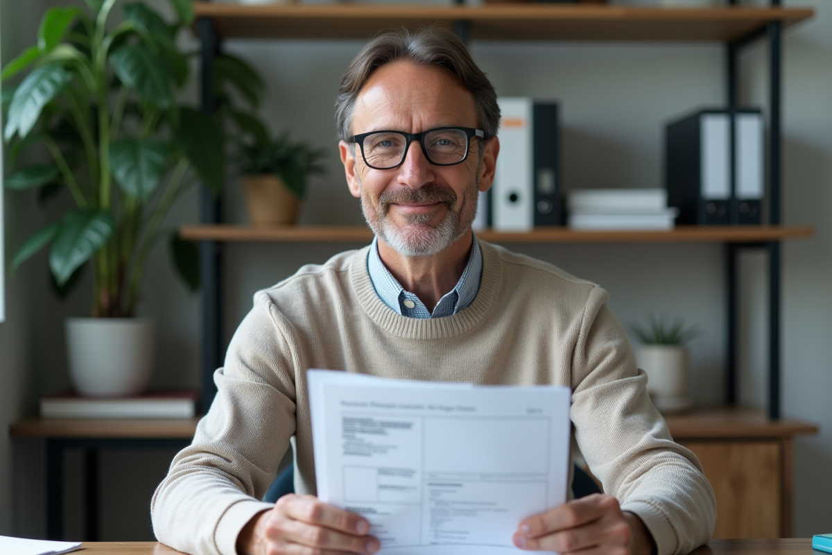 Homme d'âge moyen avec documents d'assurance auto dans un bureau