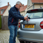 Refaire plaque d’immatriculation : meilleures solutions en France Homme attachant une plaque d'immatriculation sur une voiture