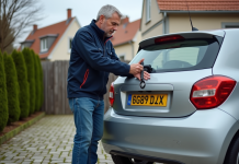Refaire plaque d’immatriculation : meilleures solutions en France Homme attachant une plaque d'immatriculation sur une voiture