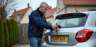 Homme attachant une plaque d'immatriculation sur une voiture